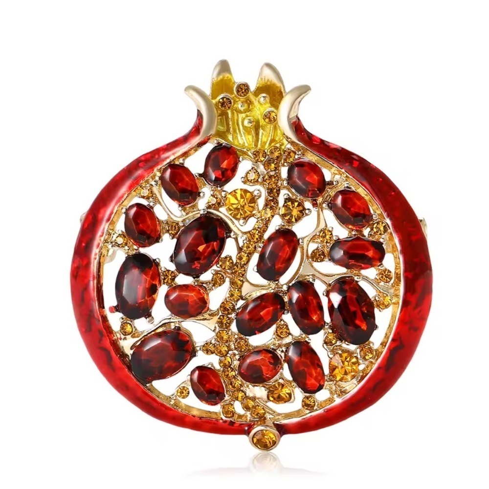 Ruby Red Pomegranate Crystal Gold Brooch - Picture 4 of 12